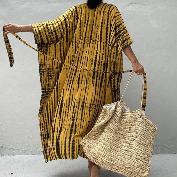 Mustard Yellow Tie Dye Boho Swim Coverup Kimono Robe - Picture 5 of 6